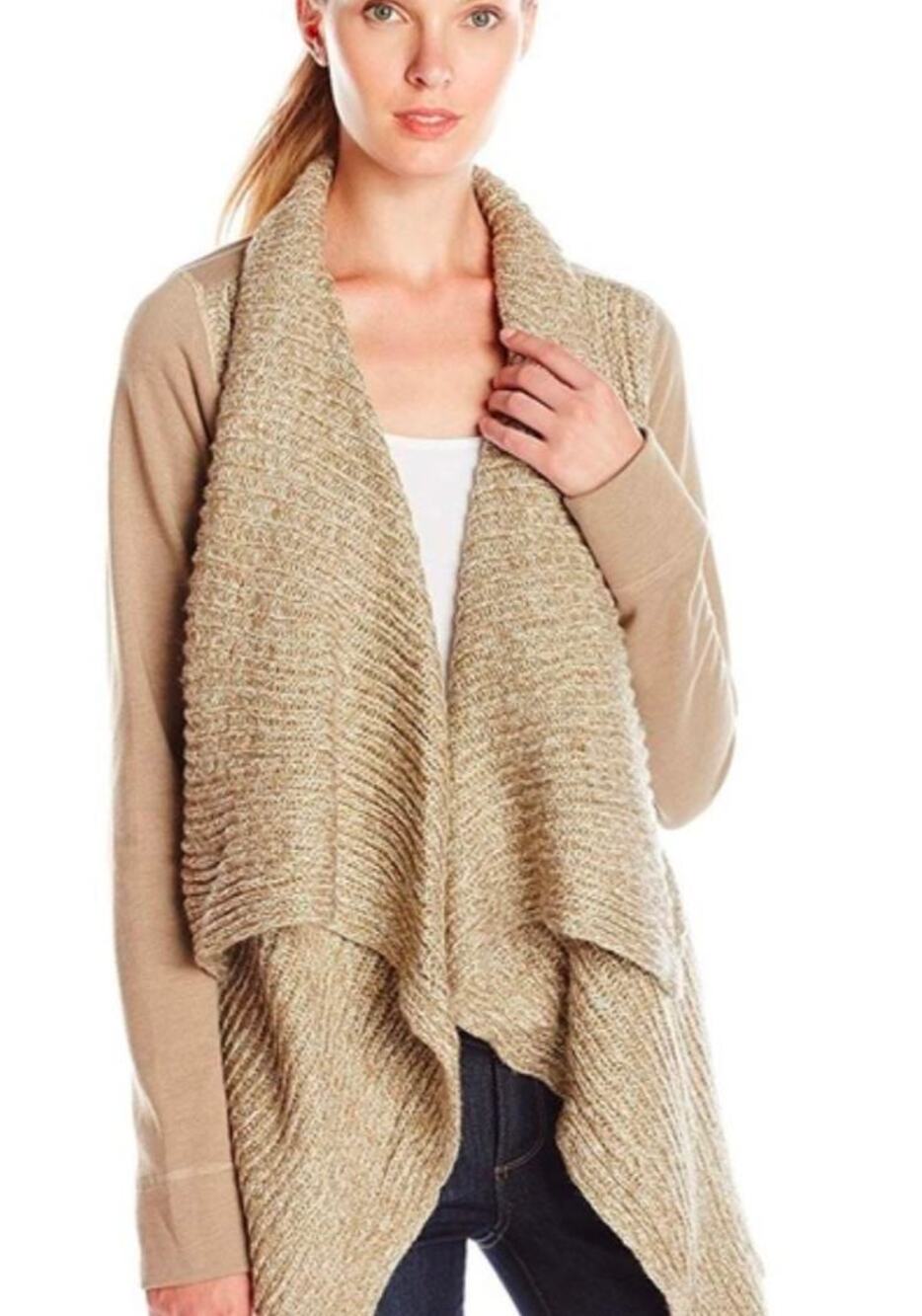 Womens Prana Demure Waterfall Cardigan Size Large Oatmeal Tan Open Front Wool